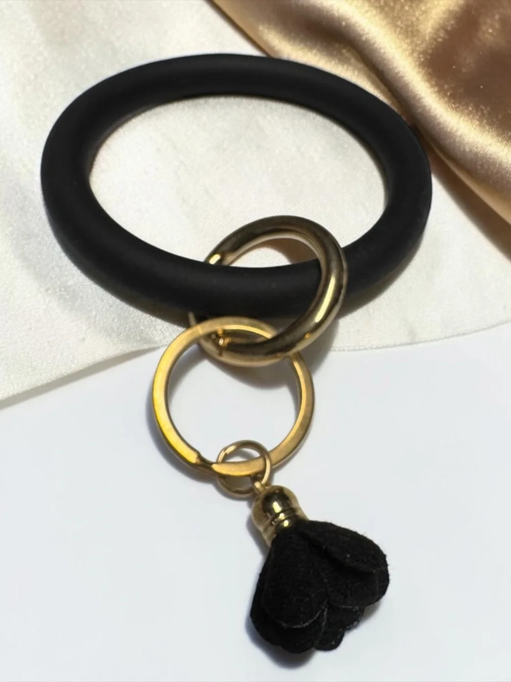 Black Silicone Bangle Keychain Bracelet Gold Tassel Wristlet NEW